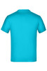 A bright turquoise short-sleeved t-shirt with a plain back and a logo. Suitable for casual wear.
