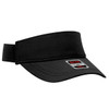 A black sun visor with a wide brim and an adjustable band, featuring a logo on the front.