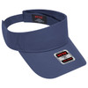 A navy sun visor with a wide brim and an adjustable strap, featuring a logo on the front.