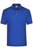 A blue polo shirt with a classic collar and three buttons, featuring a logo on the chest.