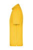 A side view of a bright yellow polo shirt, featuring a collar and short sleeves, with a logo.