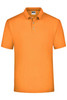 An orange polo shirt with a collar and three buttons, featuring a logo on the chest.