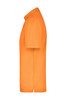 An orange polo shirt displayed from the side, featuring short sleeves and a collar. It has a logo on the chest.