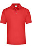 A red polo shirt with a collared neckline and three buttons, featuring a logo.