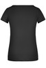 A black t-shirt with a crew neck and short sleeves, featuring a simple design on the back.