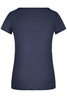 A navy blue ladies' t-shirt with short sleeves and a round neckline, featuring a logo on the back.
