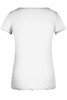 A white women's T-shirt with short sleeves and a round neckline, featuring a back view and no visible graphics.