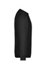 A black round-neck sweater with long sleeves and a side view, featuring a logo on the fabric.