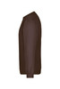 A brown sweater with long sleeves and a crew neckline. It features a logo on the front.