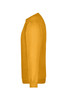 A side view of a yellow jumper with a simple design and fitted cuffs. It features a logo on the front.