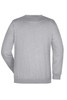 A grey jumper, featuring a simple design and a crew neck, with a branding logo on the back.