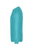 A side view of a turquoise jumper with a ribbed cuff and collar. The product features a logo.