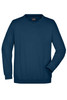 A navy blue jumper with long sleeves and a round neckline, featuring a logo on the label.