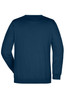 A navy blue sweater with a round neck and long sleeves, featuring a logo on the back.