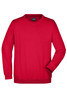 A red sweatshirt with a round neckline and long sleeves. It features a logo on the label.