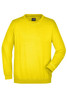 A bright yellow sweater with a round neck and long sleeves. It features a logo on the label.