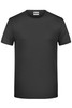 A black short-sleeved T-shirt featuring a simple design and a logo on the collar.