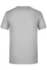 A grey T-shirt with a crew neck and short sleeves, featuring a logo on the back.