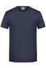 A navy blue short-sleeved T-shirt with a crew neck. The shirt features a logo on the label.