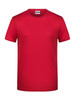 A red short-sleeve T-shirt with a classic round neck and a simple design, featuring a logo.