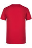 A red T-shirt with a crew neck and short sleeves, featuring a plain back and a logo.