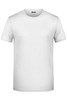 A plain white short-sleeve T-shirt with a round neckline and a logo on the label.