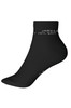 A pair of black organic sneaker socks with a branding logo on the side.