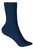 A pair of navy blue organic socks, featuring a smooth texture and a standard crew length. The socks include a branding logo.