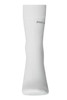 White organic socks with a logo on the side, featuring a knee-high design.