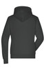 A dark grey hoodie with a lined hood and long sleeves, featuring a logo on the back.