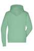 A mint green ladies hoodie with a back view, featuring a hood and long sleeves. It has a logo on the front.