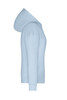 A light blue hoodie featuring a hood, with a fitted silhouette and long sleeves. Includes a logo on the chest.
