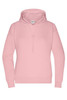 A pink ladies hoodie featuring a drawstring hood, long sleeves, and a kangaroo pocket. It has a logo on the front.