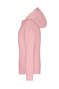 A pink ladies lounge hoodie with a hood, featuring a side view. It has a fitted design and ribbed cuffs.