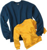 A navy blue adult sweatshirt and a yellow junior sweatshirt, both featuring a logo.