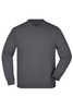 A grey round neck sweatshirt with long sleeves, featuring a branding logo on the label.
