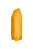 A side view of a bright yellow jumper featuring long sleeves and a crew neck design. It has a logo on it.