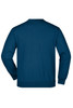 A blue round neck jumper with long sleeves, featuring a plain design and ribbed cuffs. It has a logo on the back.