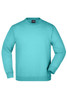 A turquoise jumper with a round neck and long sleeves, featuring a logo on the label.