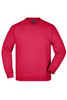 A red jumper featuring long sleeves and a crew neck. It has a logo on the label.