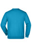 A blue jumper with a round neckline and long sleeves, featuring a logo on the back.