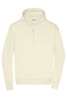 A men's lounge hoodie in a light cream colour with a drawstring hood and a front pocket. Features branding.