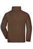 A brown full-zip fleece jacket showcasing a simple design and a collar, featuring a logo on the back.