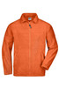 An orange polar fleece jacket with a full zip and two front pockets, featuring a branding logo.
