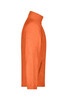 An orange full-zip polar fleece jacket with a high collar and side pockets, featuring a logo.