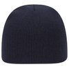 A classic knit beanie in navy blue with a smooth, ribbed texture and a round top, featuring a logo.