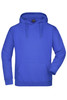 A bright blue hooded sweatshirt with a front pocket and a drawstring hood. It features a logo.