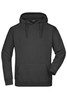 A black hooded sweatshirt featuring a front pocket and drawstrings, with a logo on the label.