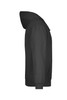 A black hooded sweatshirt featuring a side view, with a matching hood and front pockets. It has a branding logo.