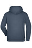 A navy hooded sweatshirt with a back view, featuring a large hood and simple design. Includes a brand logo.